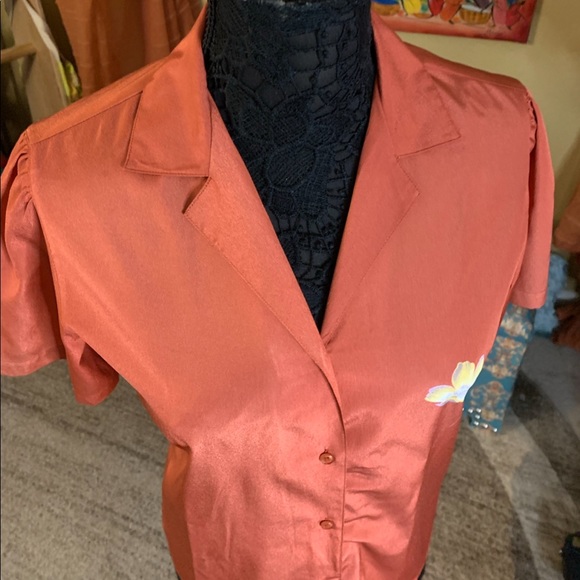 🔵 VTG Jones New York Silk like peach orange blouse hand painted small - Picture 4 of 14